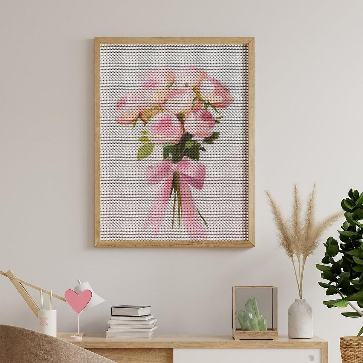 Bouquet of Pink Roses with Bow Minimalist Gouache DIY Gem Art Painting Kit for Adults Full Drill Round Gem Craft Kit 12"x16"