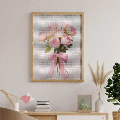 Bouquet of Pink Roses with Bow Minimalist Gouache DIY Gem Art Painting Kit for Adults Full Drill Round Gem Craft Kit 12"x16"