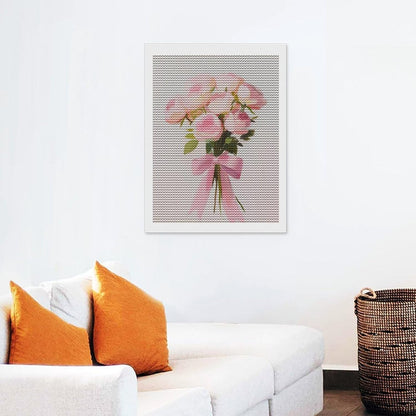 Bouquet of Pink Roses with Bow Minimalist Gouache DIY Gem Art Painting Kit for Adults Full Drill Round Gem Craft Kit 12"x16"
