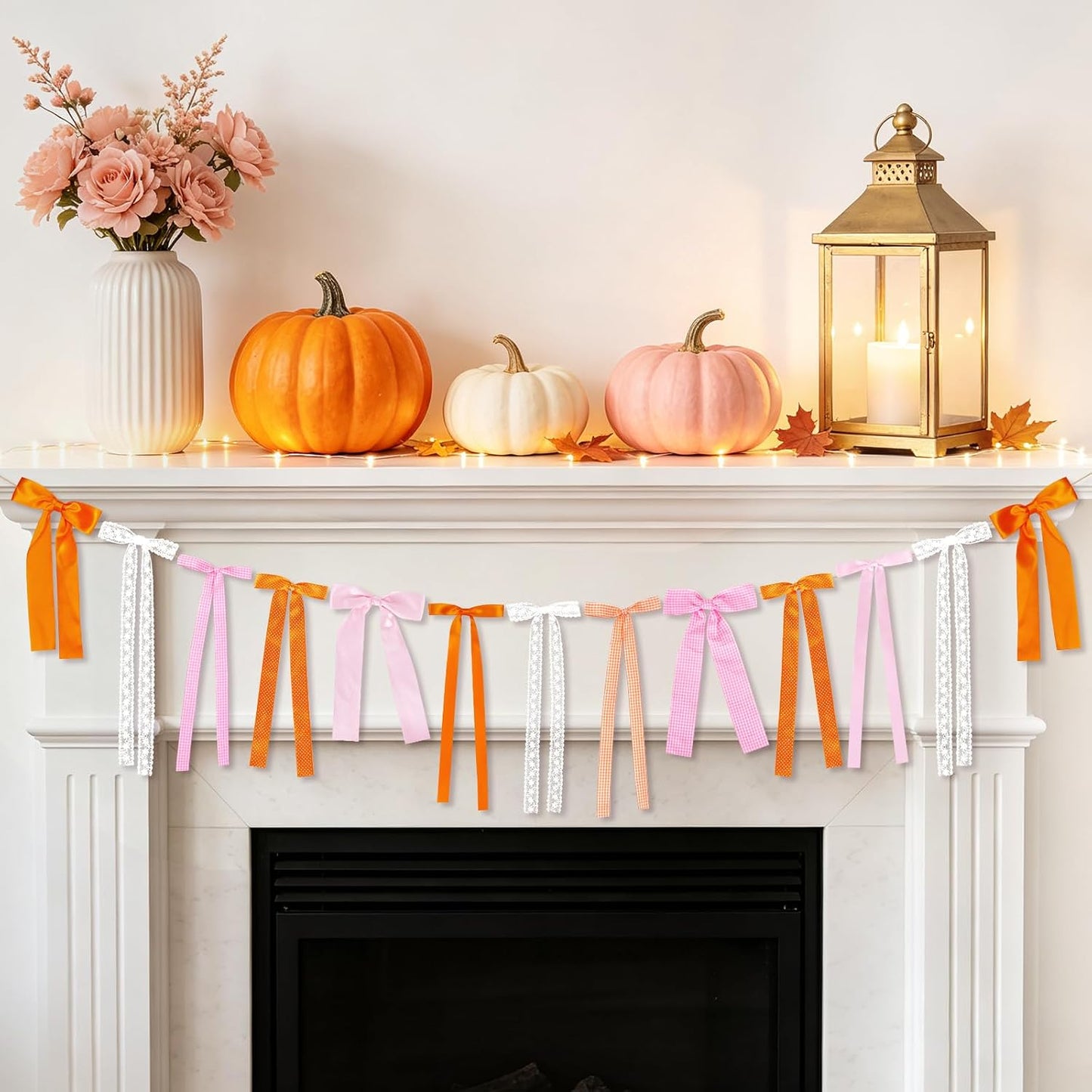 Pink and Orange Fall Bow Garland, Thanksgiving Fall Mantel Bows Garland