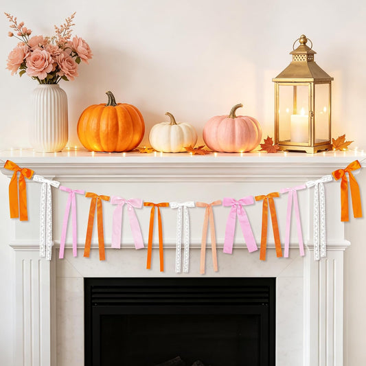 Pink and Orange Fall Bow Garland, Thanksgiving Fall Mantel Bows Garland