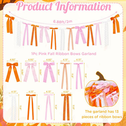 Pink and Orange Fall Bow Garland, Thanksgiving Fall Mantel Bows Garland