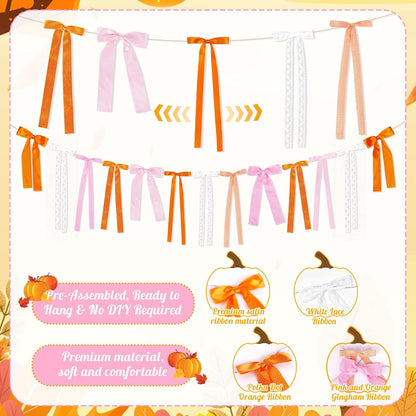 Pink and Orange Fall Bow Garland, Thanksgiving Fall Mantel Bows Garland