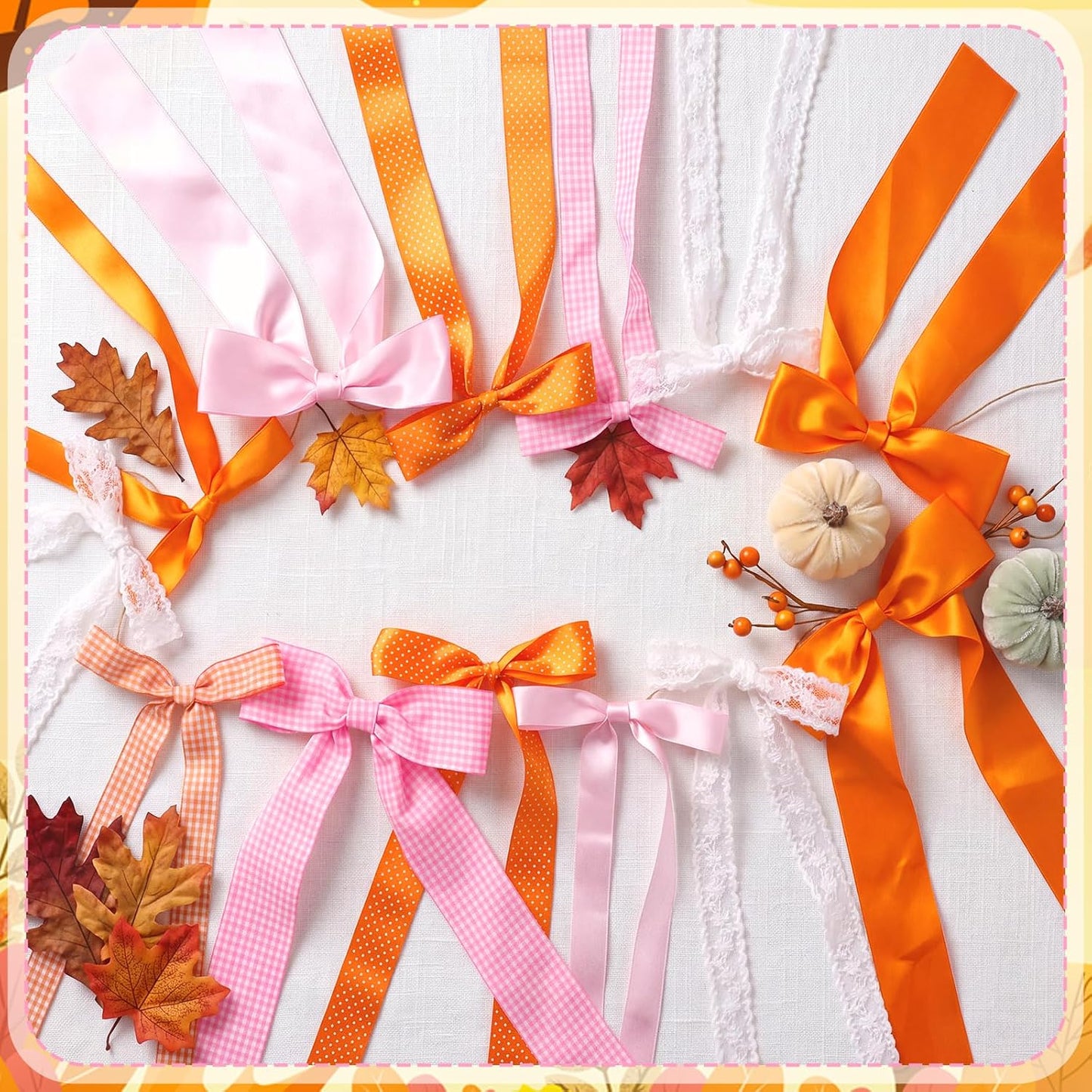 Pink and Orange Fall Bow Garland, Thanksgiving Fall Mantel Bows Garland
