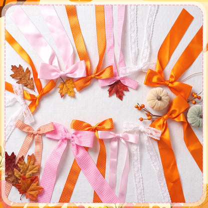 Pink and Orange Fall Bow Garland, Thanksgiving Fall Mantel Bows Garland