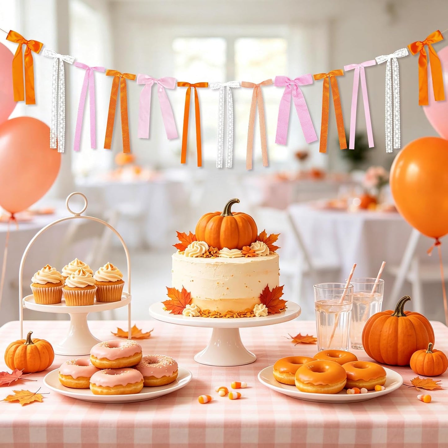 Pink and Orange Fall Bow Garland, Thanksgiving Fall Mantel Bows Garland