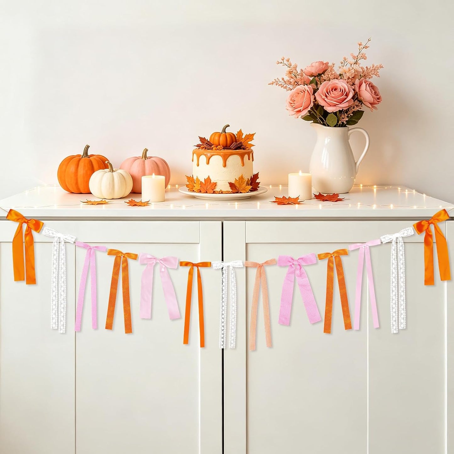 Pink and Orange Fall Bow Garland, Thanksgiving Fall Mantel Bows Garland
