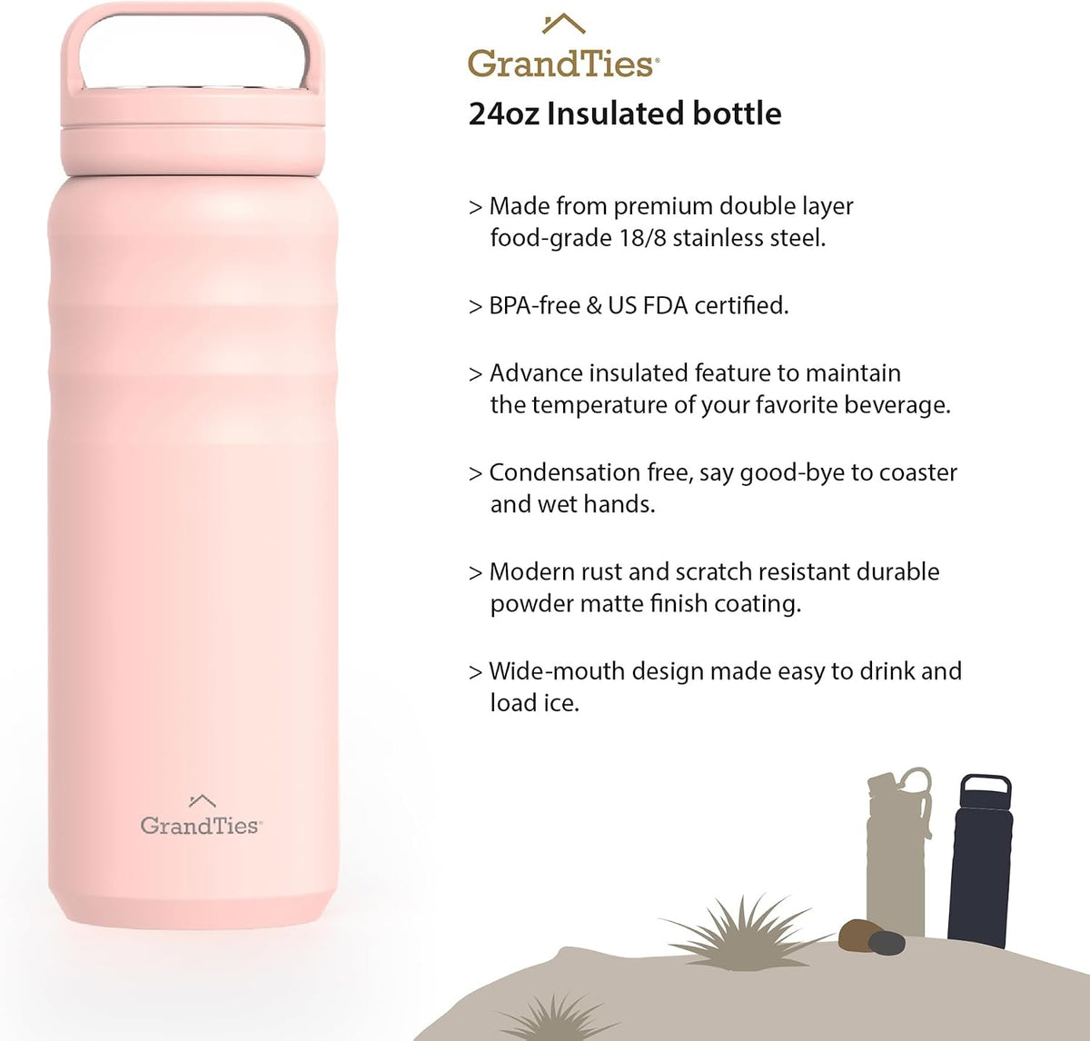 2 Lids Sports Stainless Steel Water Bottles – Wide Mouth Vacuum Insulated Reusable Leak Proof BPA-Free Travel Metal Canteen, Thermal Bottles for Men Women Gym (24 oz Peach Crème)