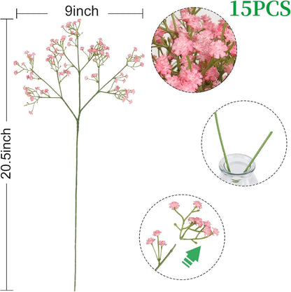 15 PCS Pink Babys Breath Artificial Flowers, Fake Gypsophila for Wedding
