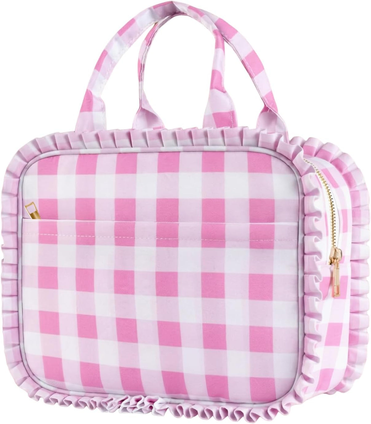 Stylish Checkered Gingham Lunch Bag for Women, Ruffled Trim Lunch Box for Adult Girls, Large Capacity Leakproof Reusable Lunch Box for Work School Picnic Travel (Pink&White)