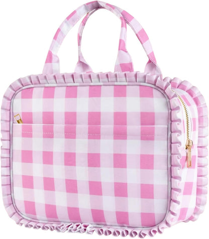 Stylish Checkered Gingham Lunch Bag for Women, Ruffled Trim Lunch Box for Adult Girls, Large Capacity Leakproof Reusable Lunch Box for Work School Picnic Travel (Pink&White)