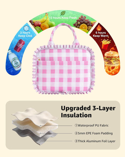 Stylish Checkered Gingham Lunch Bag for Women, Ruffled Trim Lunch Box for Adult Girls, Large Capacity Leakproof Reusable Lunch Box for Work School Picnic Travel (Pink&White)