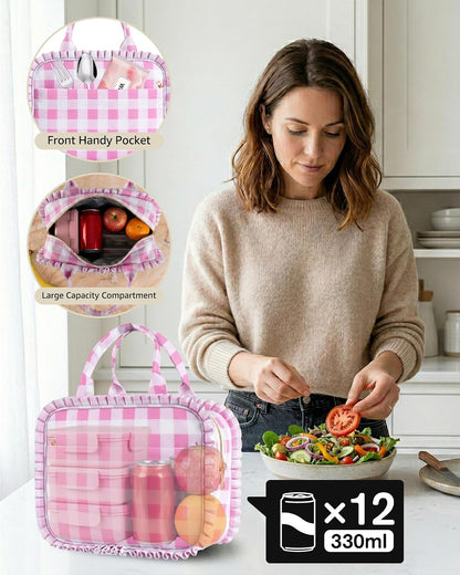 Stylish Checkered Gingham Lunch Bag for Women, Ruffled Trim Lunch Box for Adult Girls, Large Capacity Leakproof Reusable Lunch Box for Work School Picnic Travel (Pink&White)