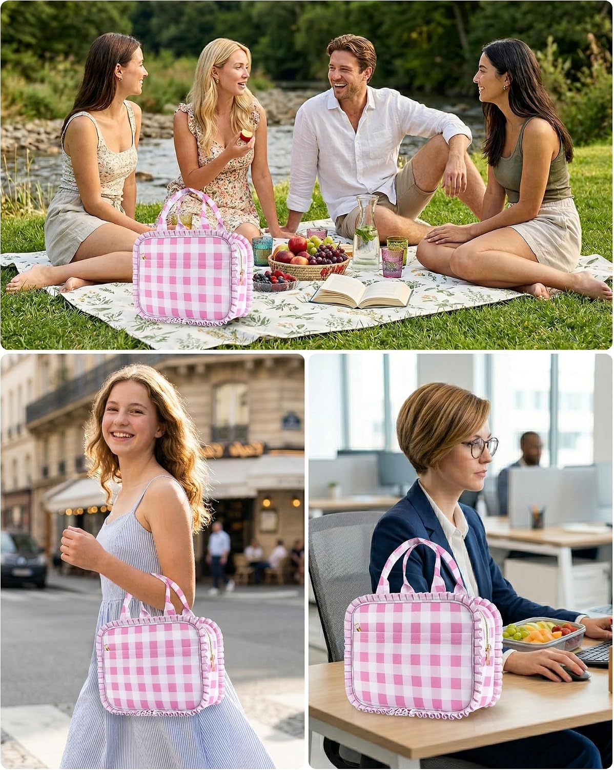 Stylish Checkered Gingham Lunch Bag for Women, Ruffled Trim Lunch Box for Adult Girls, Large Capacity Leakproof Reusable Lunch Box for Work School Picnic Travel (Pink&White)