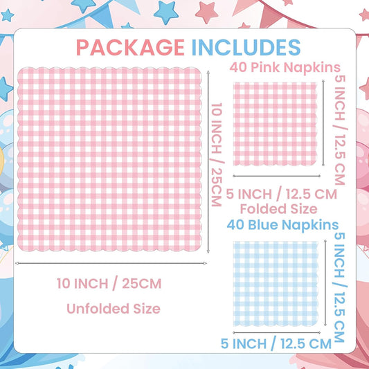 80PCS Gingham Scalloped Paper Napkins, Pink & Blue Plaid 5x5 inch Folded (10x10 inch Unfolded) Party Napkins for Baby Shower, Birthday, Picnic, Tea Party, Bridal Shower Decorations