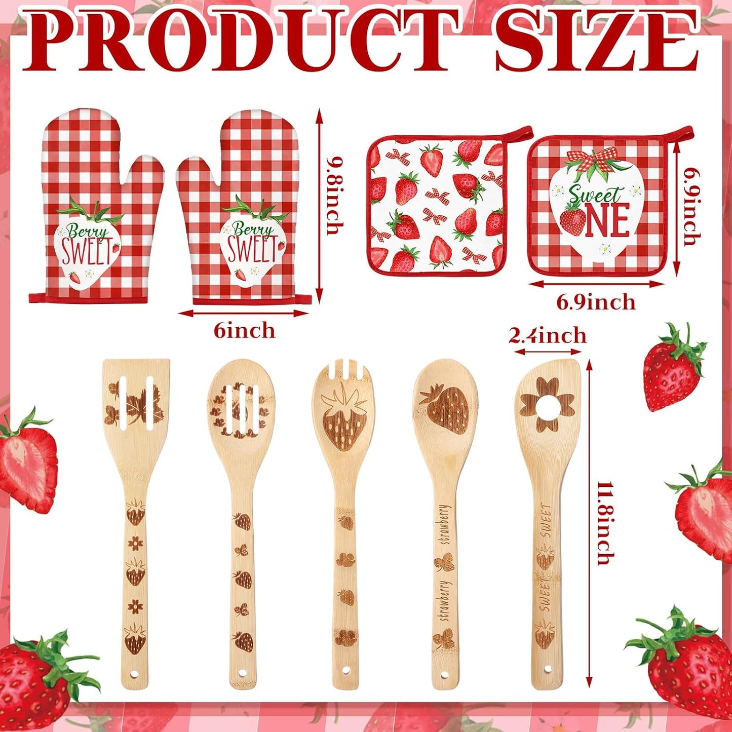 13 Pcs Strawberry Kitchen Decor Accessories Pink Kitchen Apron Dish Towels Oven Mitts and Pot Holders Cute Wooden Spoons for Farmhouse Home Strawberry Party Decoration Housewarming Gifts
