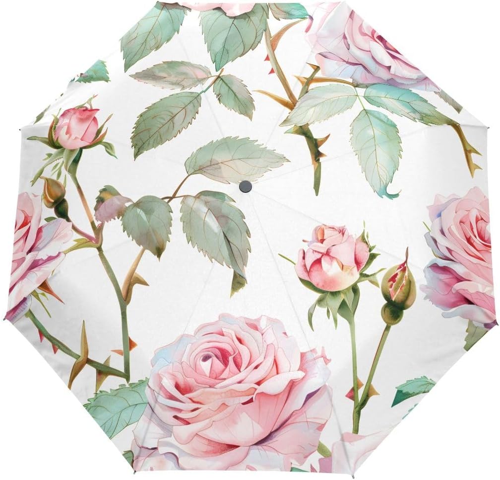 Automatic Umbrella, Rose Pink Umbrella Compact Lightweight, Waterproof Windproof for Sun Rain Travel