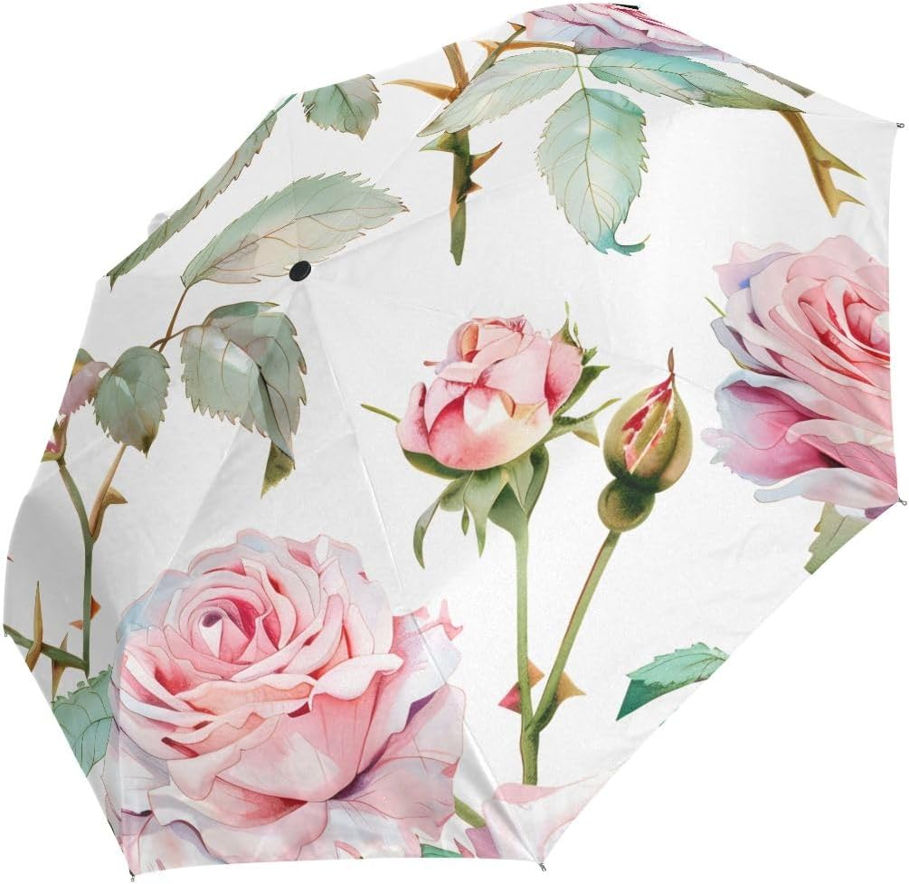 Automatic Umbrella, Rose Pink Umbrella Compact Lightweight, Waterproof Windproof for Sun Rain Travel
