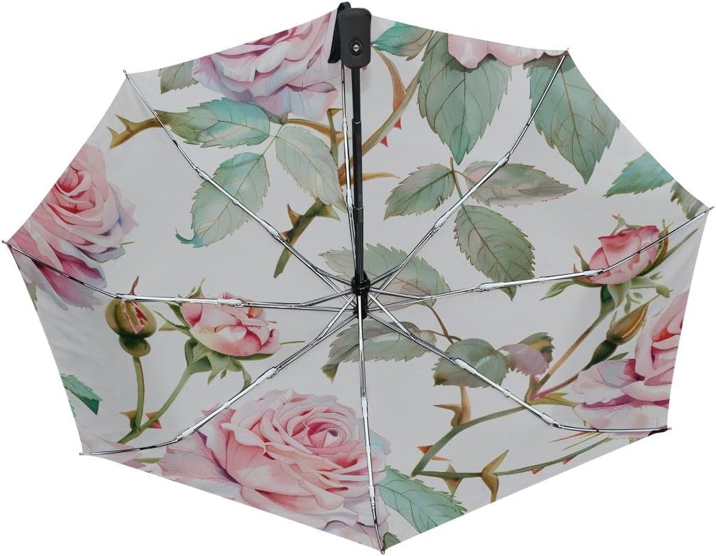 Automatic Umbrella, Rose Pink Umbrella Compact Lightweight, Waterproof Windproof for Sun Rain Travel
