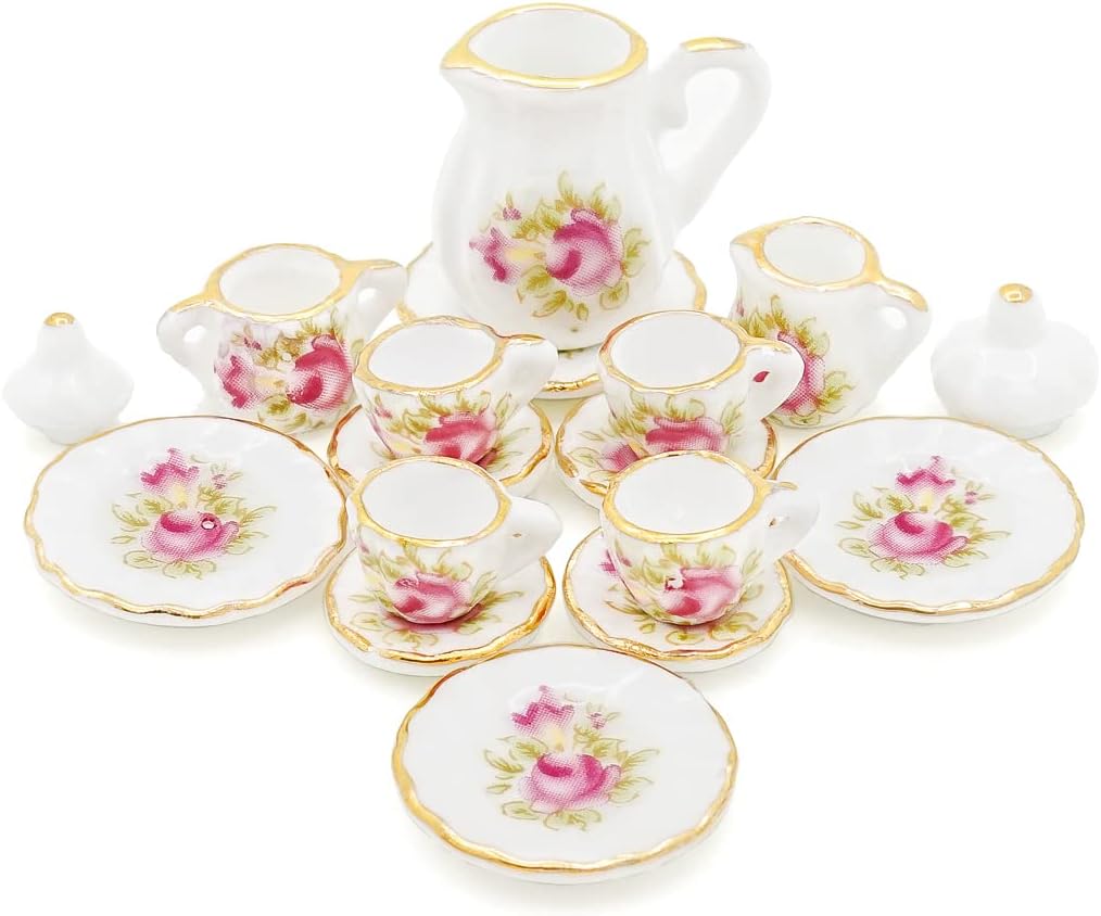 1/12 Miniature Porcelain Tea Set 15Pcs Dollhouse Decoration Accessories, Pink Rose