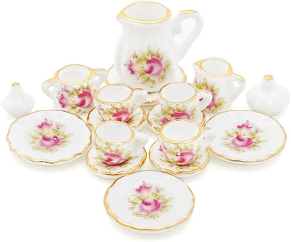 1/12 Miniature Porcelain Tea Set 15Pcs Dollhouse Decoration Accessories, Pink Rose