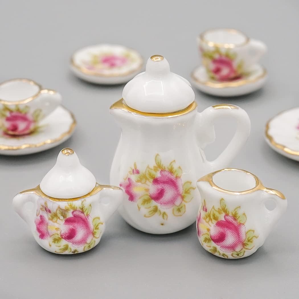 1/12 Miniature Porcelain Tea Set 15Pcs Dollhouse Decoration Accessories, Pink Rose