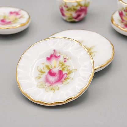 1/12 Miniature Porcelain Tea Set 15Pcs Dollhouse Decoration Accessories, Pink Rose