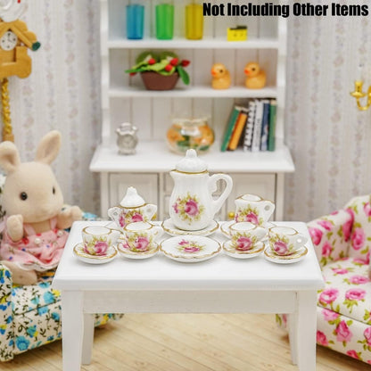 1/12 Miniature Porcelain Tea Set 15Pcs Dollhouse Decoration Accessories, Pink Rose