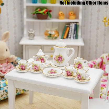 1/12 Miniature Porcelain Tea Set 15Pcs Dollhouse Decoration Accessories, Pink Rose