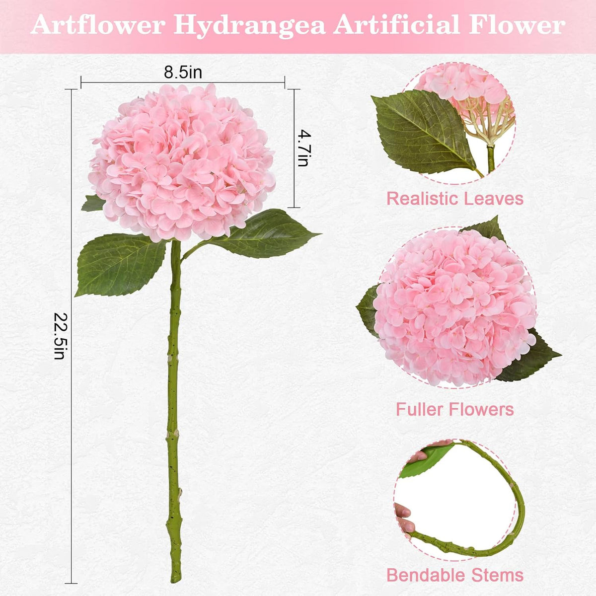 White & Pink Hydrangeas,Long Stems,Real Touch Latex Fake Flowers