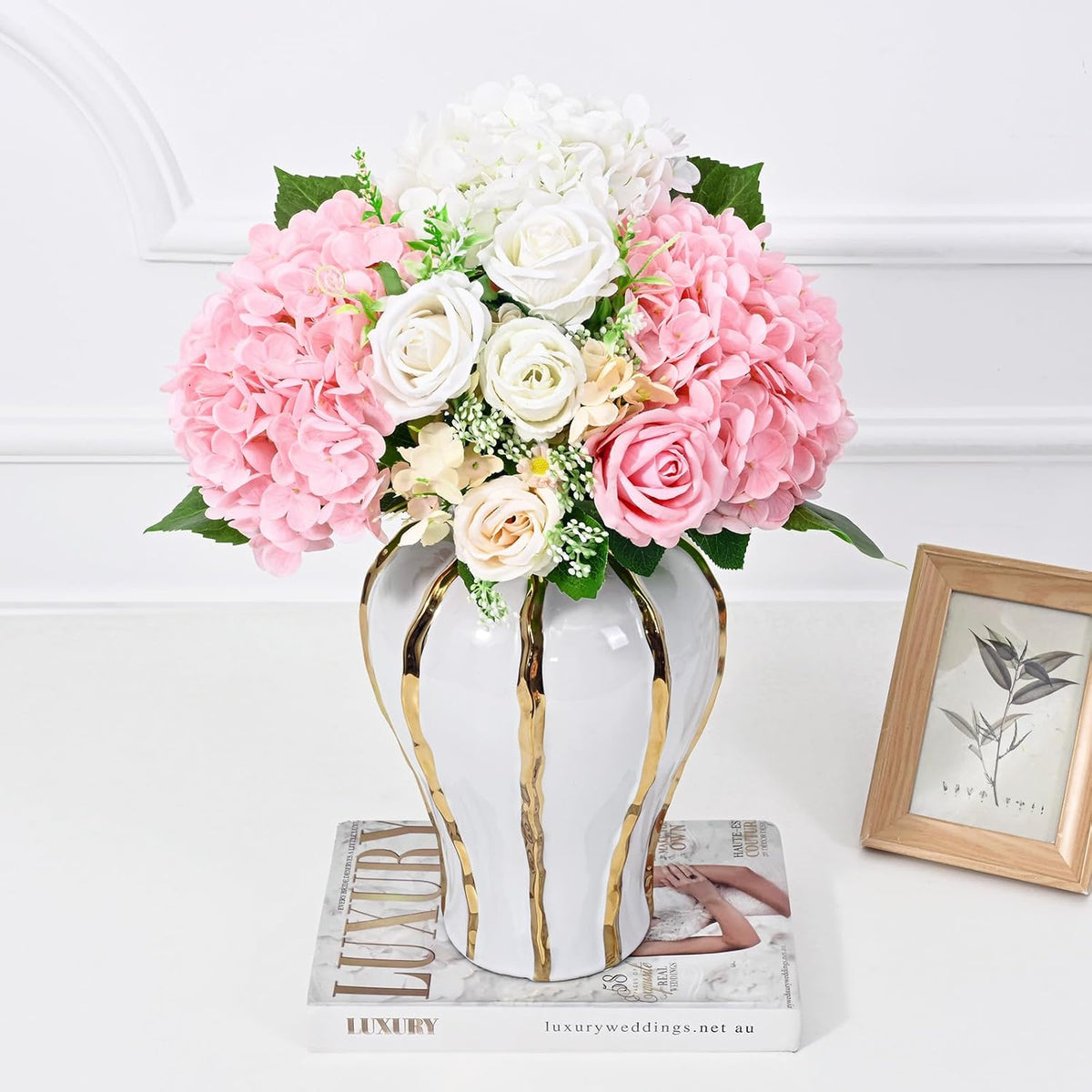 White & Pink Hydrangeas,Long Stems,Real Touch Latex Fake Flowers