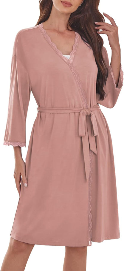 Women's Robes Soft Rayon Knit Kimono Bathrobe Lace Trim Knee Length Sleepwear With Pockets
