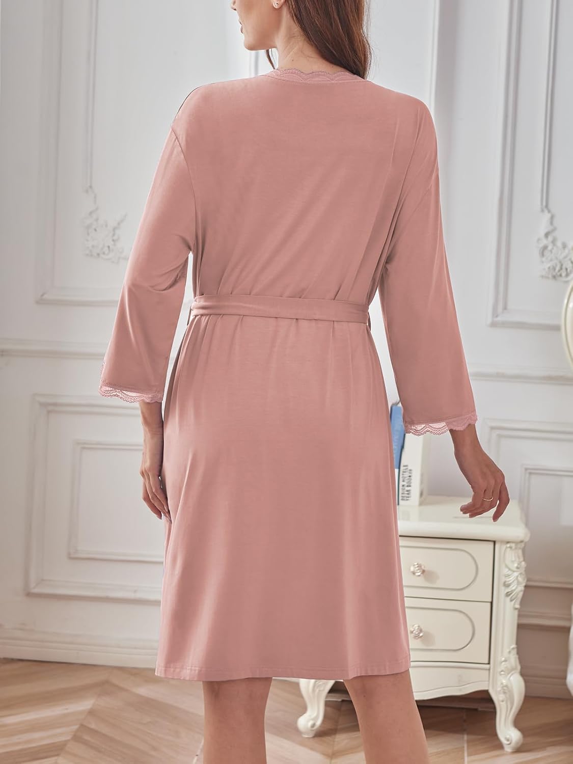 Women's Robes Soft Rayon Knit Kimono Bathrobe Lace Trim Knee Length Sleepwear With Pockets