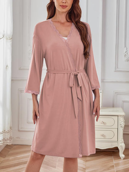Women's Robes Soft Rayon Knit Kimono Bathrobe Lace Trim Knee Length Sleepwear With Pockets