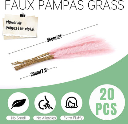 Faux Pampas Grass Decor ， 21.7 Inch Artificial Pampas Grass Pink Reed Grass, Vase Filler for Home Decor, Room, Bathroom, Wedding, Table Centerpiece - 20PCS