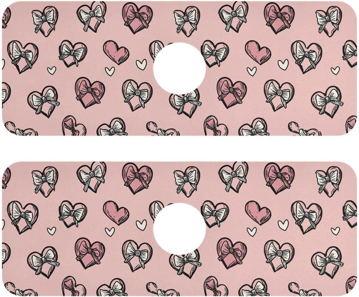 Light Pink Heart Bows Valentine Day Faucet Drying mat Silicone Kitchen Faucet Mat Sink Splash Guard Drip Catcher Dish Soap Sponge Holder for Guard Bathroom Farmhouse S