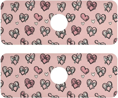 Light Pink Heart Bows Valentine Day Faucet Drying mat Silicone Kitchen Faucet Mat Sink Splash Guard Drip Catcher Dish Soap Sponge Holder for Guard Bathroom Farmhouse S