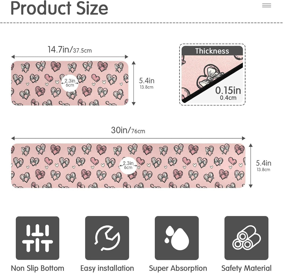 Light Pink Heart Bows Valentine Day Faucet Drying mat Silicone Kitchen Faucet Mat Sink Splash Guard Drip Catcher Dish Soap Sponge Holder for Guard Bathroom Farmhouse S