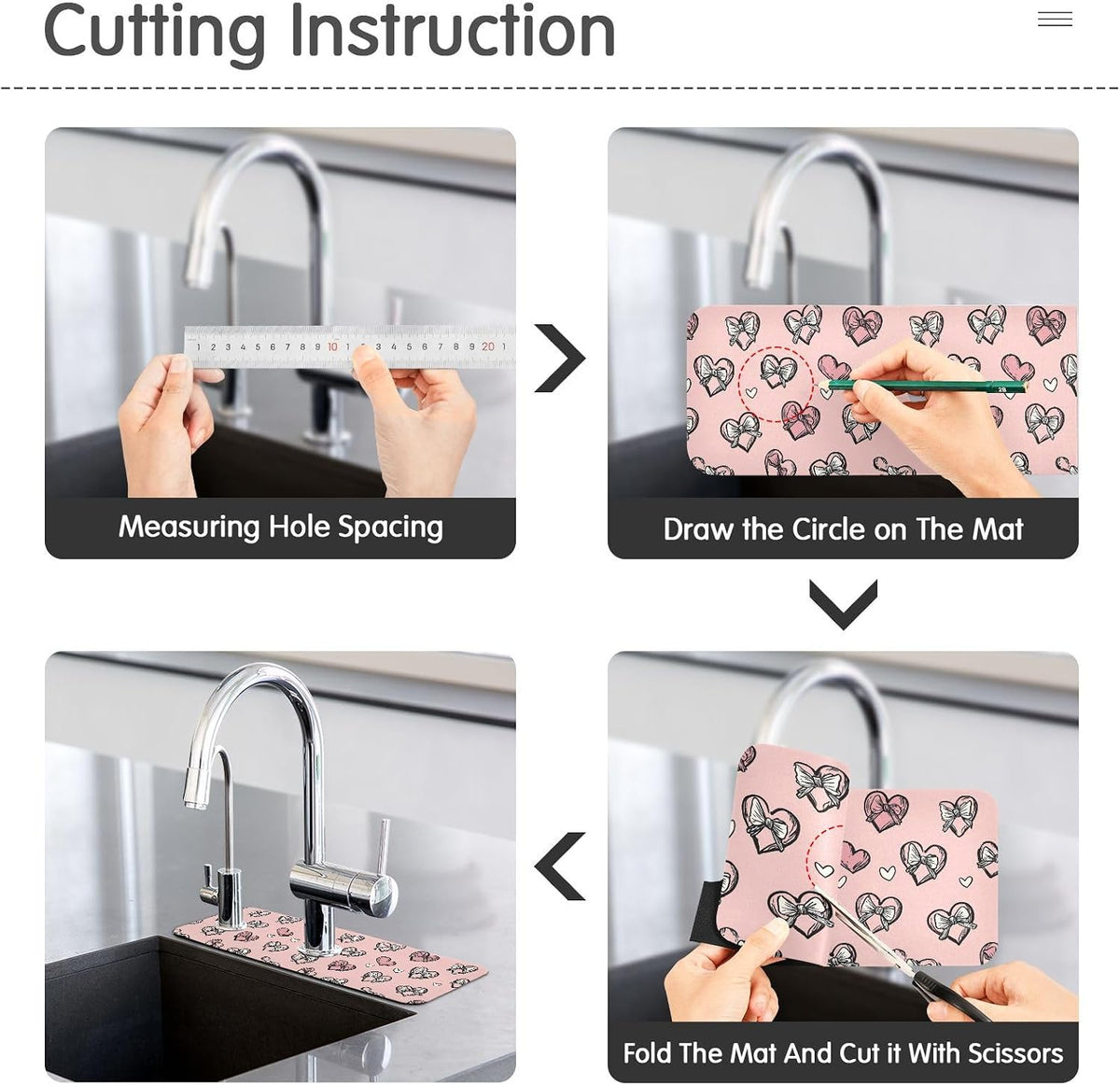 Light Pink Heart Bows Valentine Day Faucet Drying mat Silicone Kitchen Faucet Mat Sink Splash Guard Drip Catcher Dish Soap Sponge Holder for Guard Bathroom Farmhouse S