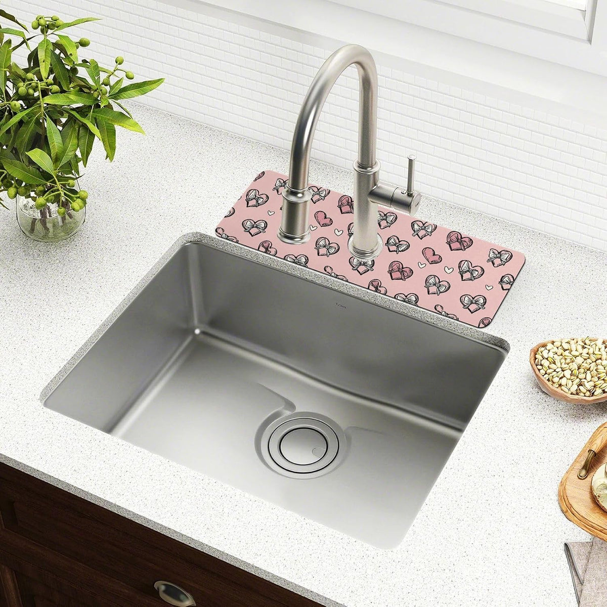 Light Pink Heart Bows Valentine Day Faucet Drying mat Silicone Kitchen Faucet Mat Sink Splash Guard Drip Catcher Dish Soap Sponge Holder for Guard Bathroom Farmhouse S