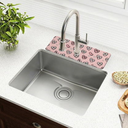 Light Pink Heart Bows Valentine Day Faucet Drying mat Silicone Kitchen Faucet Mat Sink Splash Guard Drip Catcher Dish Soap Sponge Holder for Guard Bathroom Farmhouse S