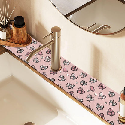 Light Pink Heart Bows Valentine Day Faucet Drying mat Silicone Kitchen Faucet Mat Sink Splash Guard Drip Catcher Dish Soap Sponge Holder for Guard Bathroom Farmhouse S