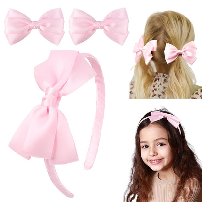 Light Pink Bow Headband & 2 Pcs Satin 4 Inch Hair Bows Set Uniform Hair Accessories Hair Band for Little Toddler School Girls -Light Pink