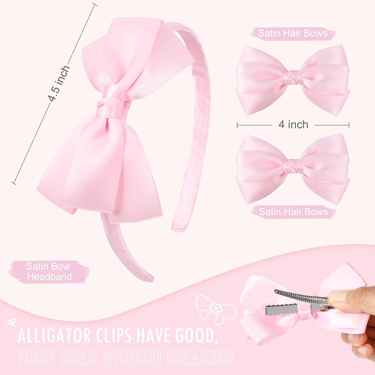 Light Pink Bow Headband & 2 Pcs Satin 4 Inch Hair Bows Set Uniform Hair Accessories Hair Band for Little Toddler School Girls -Light Pink