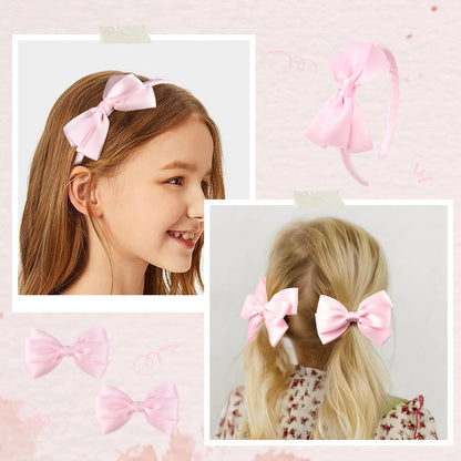 Light Pink Bow Headband & 2 Pcs Satin 4 Inch Hair Bows Set Uniform Hair Accessories Hair Band for Little Toddler School Girls -Light Pink