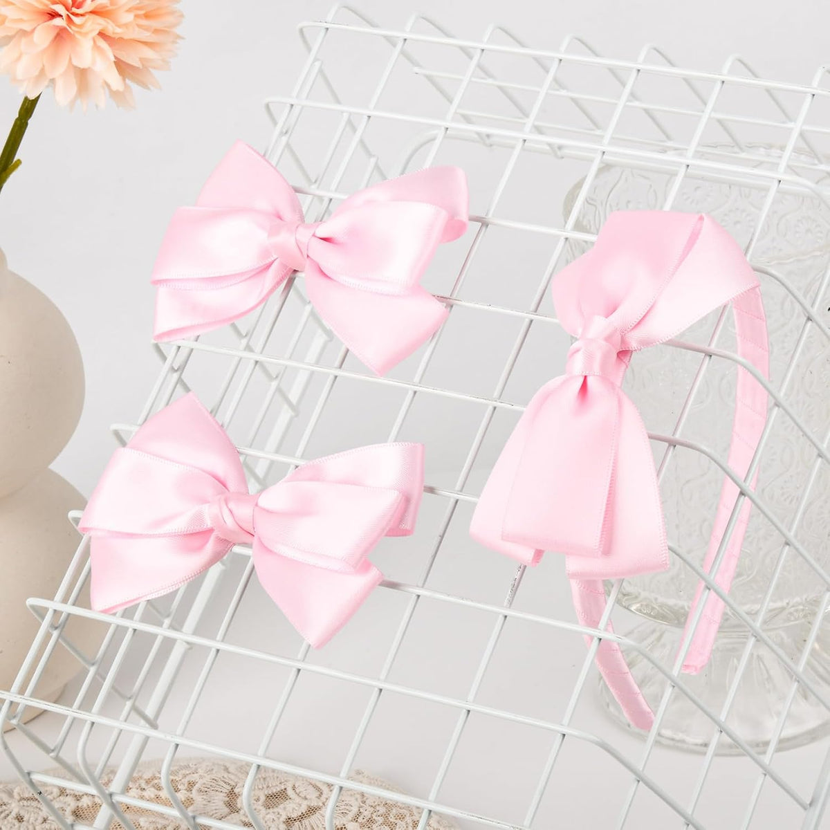 Light Pink Bow Headband & 2 Pcs Satin 4 Inch Hair Bows Set Uniform Hair Accessories Hair Band for Little Toddler School Girls -Light Pink