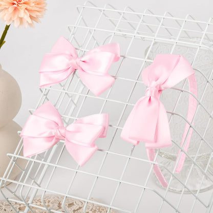 Light Pink Bow Headband & 2 Pcs Satin 4 Inch Hair Bows Set Uniform Hair Accessories Hair Band for Little Toddler School Girls -Light Pink