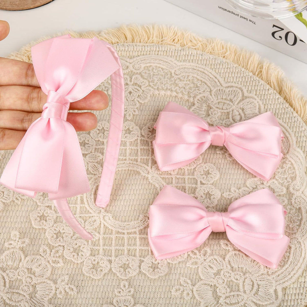 Light Pink Bow Headband & 2 Pcs Satin 4 Inch Hair Bows Set Uniform Hair Accessories Hair Band for Little Toddler School Girls -Light Pink