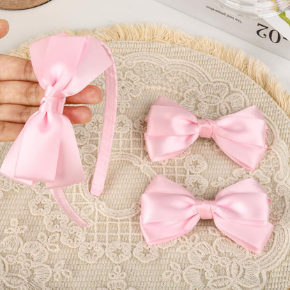 Light Pink Bow Headband & 2 Pcs Satin 4 Inch Hair Bows Set Uniform Hair Accessories Hair Band for Little Toddler School Girls -Light Pink