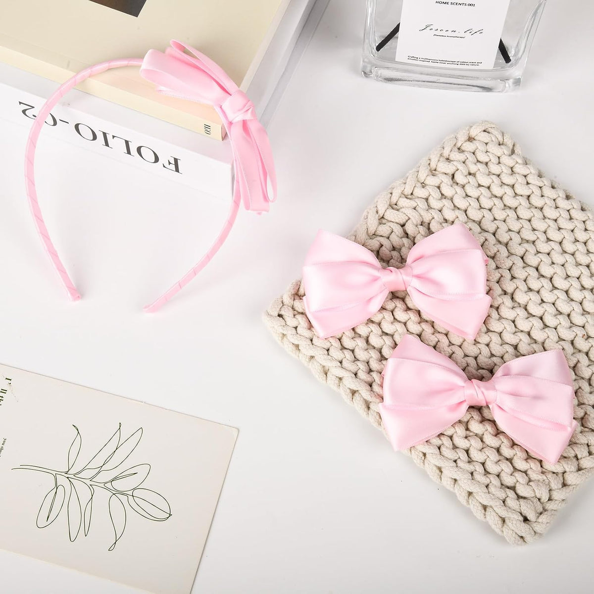 Light Pink Bow Headband & 2 Pcs Satin 4 Inch Hair Bows Set Uniform Hair Accessories Hair Band for Little Toddler School Girls -Light Pink